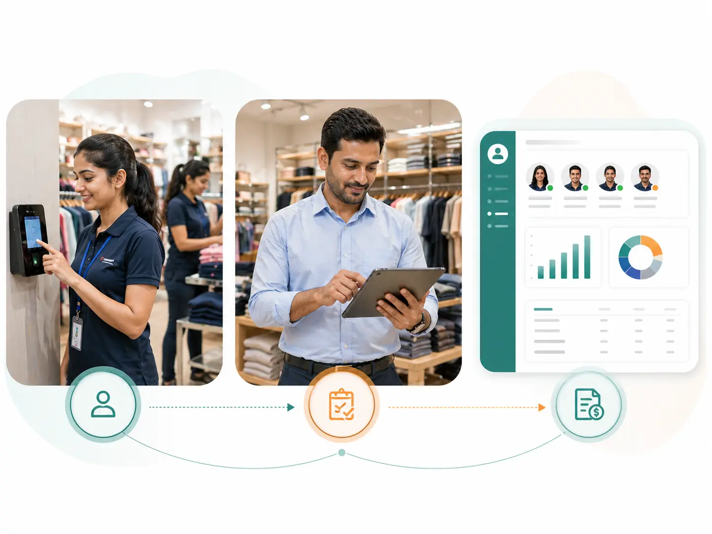 Retail store attendance and payroll workflow