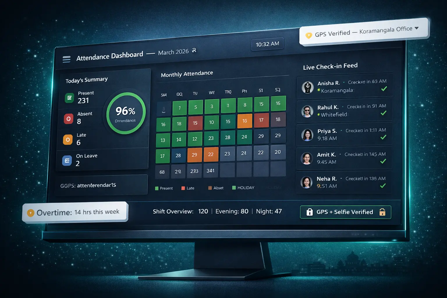 Attendance management software Bangalore — GPS check-in dashboard with live feed