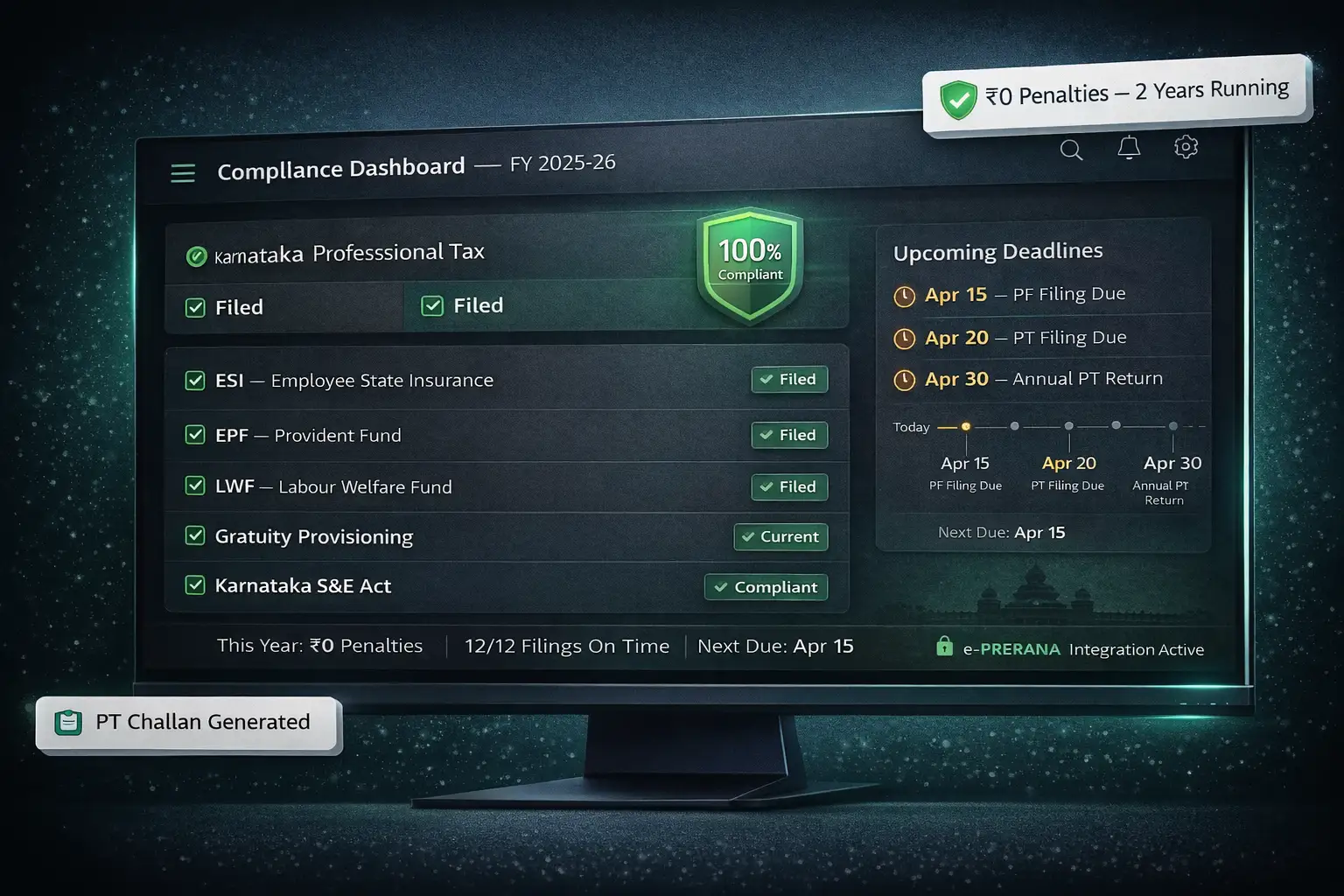 Statutory compliance software Bangalore — PF, ESI, PT, LWF filing dashboard