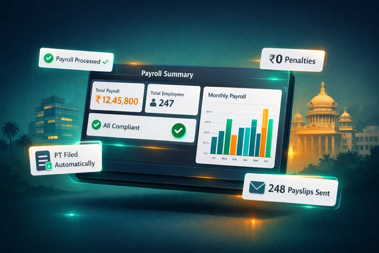 HR Software Bangalore — Payroll dashboard showing salary processing, compliance and analytics