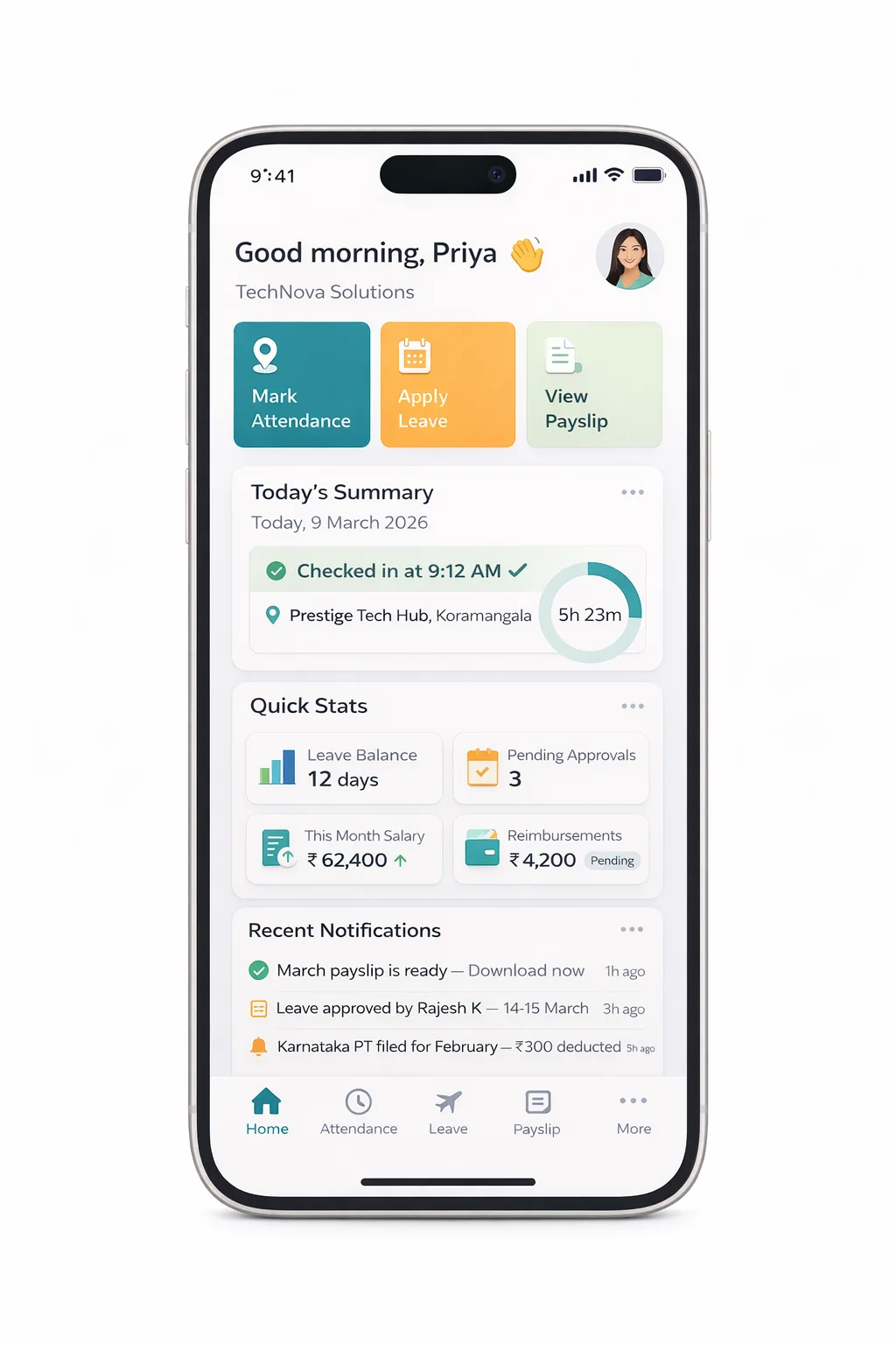 HR Software Bangalore mobile app — employee self service dashboard