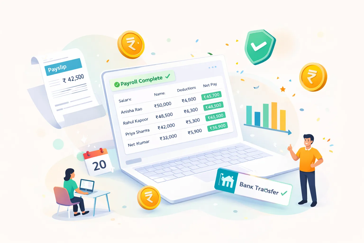Payroll software Bangalore — salary processing dashboard with payslips and bank transfer